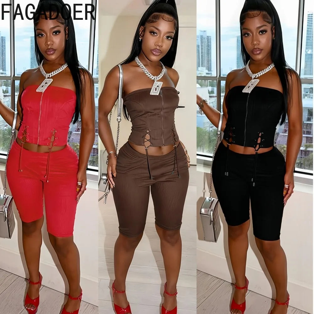 FAGADOER Sexy Drawstring Patchwork Woman 2 Piece Set Outfit Zip Sleeveless Backless Crop Top + Shorts Matching Female Streetwear