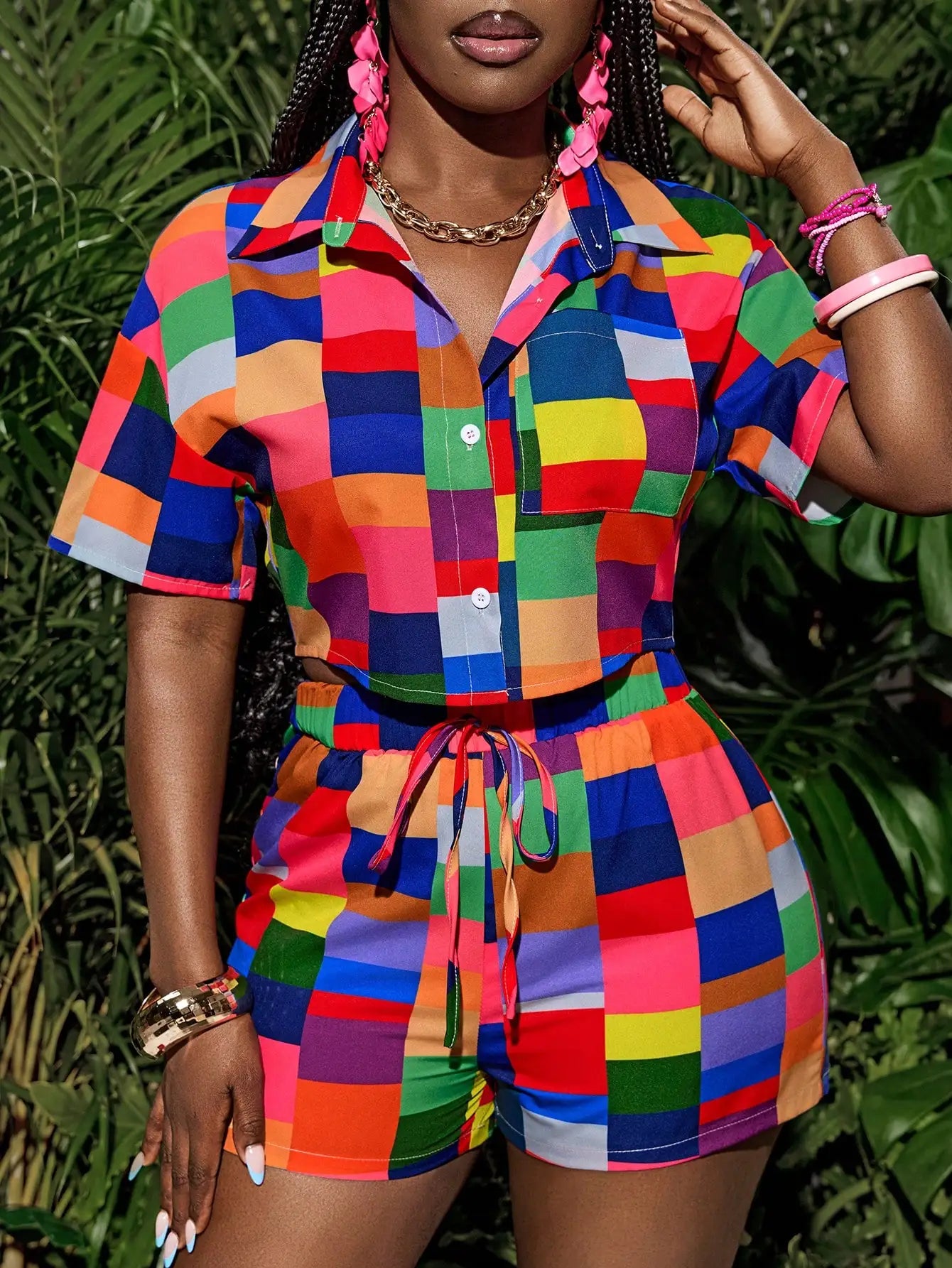 Color Block Crop Shirt & Shorts Set