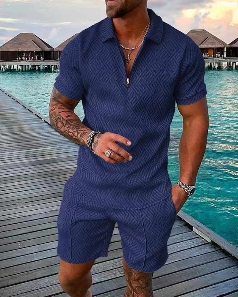 V-neck Zipper Short Sleeve POLO Shirt+Shorts