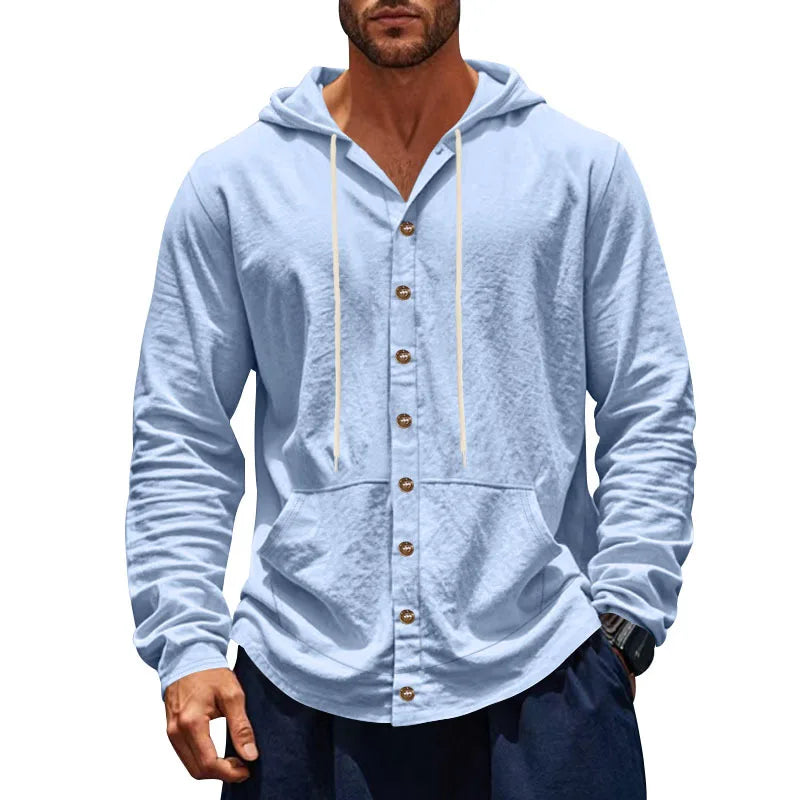 2026 Cross-border spring and autumn new American loose men's shirt loose linen casual simple beach hooded long-sleeved lining