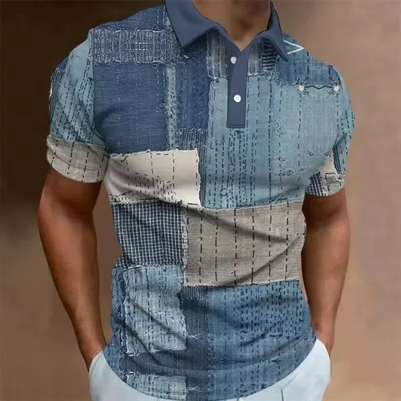 Men's 3D Printed Patchwork Polo Shirt with Retro Pattern, Summer Casual Collar Top