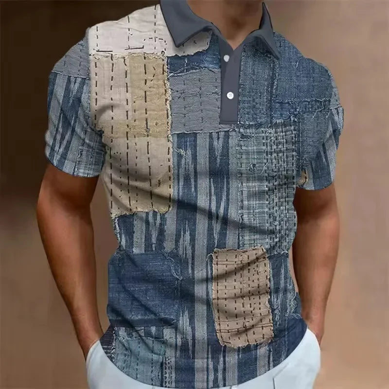 Men's 3D Printed Patchwork Polo Shirt with Retro Pattern, Summer Casual Collar Top