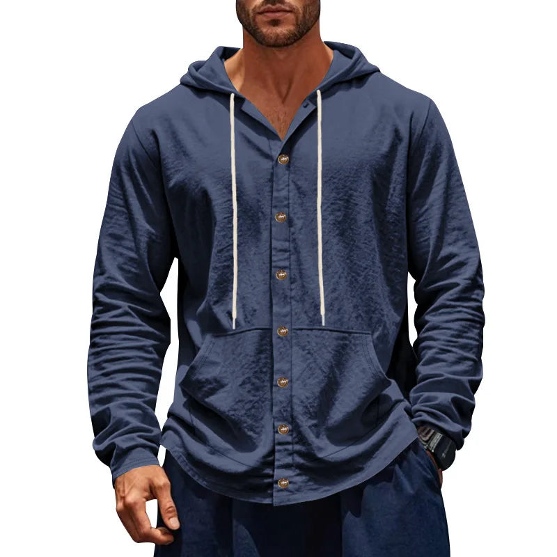 2026 Cross-border spring and autumn new American loose men's shirt loose linen casual simple beach hooded long-sleeved lining