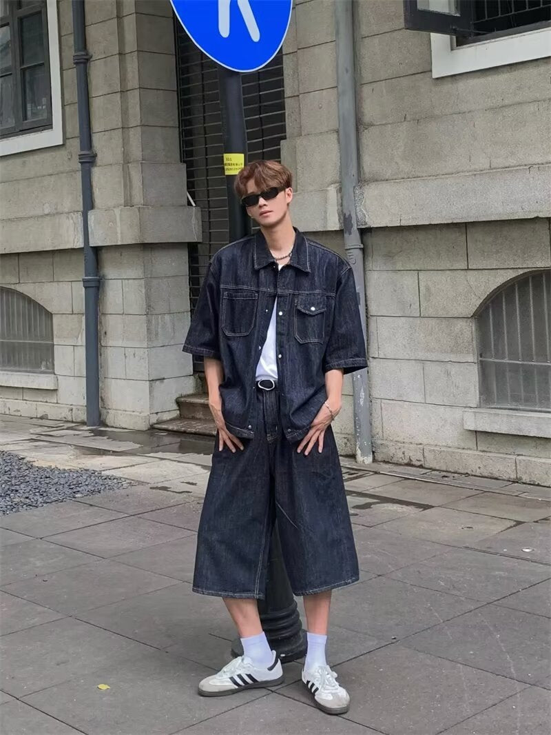 Denim Shirt Short Sleeve Men's Retro Washed