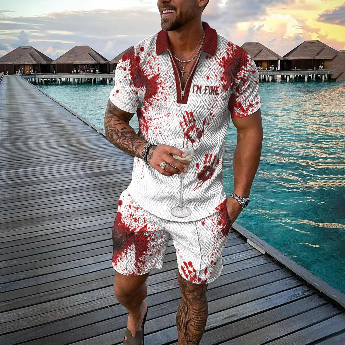 Summer 3D Print Men's Polo Shirt Set