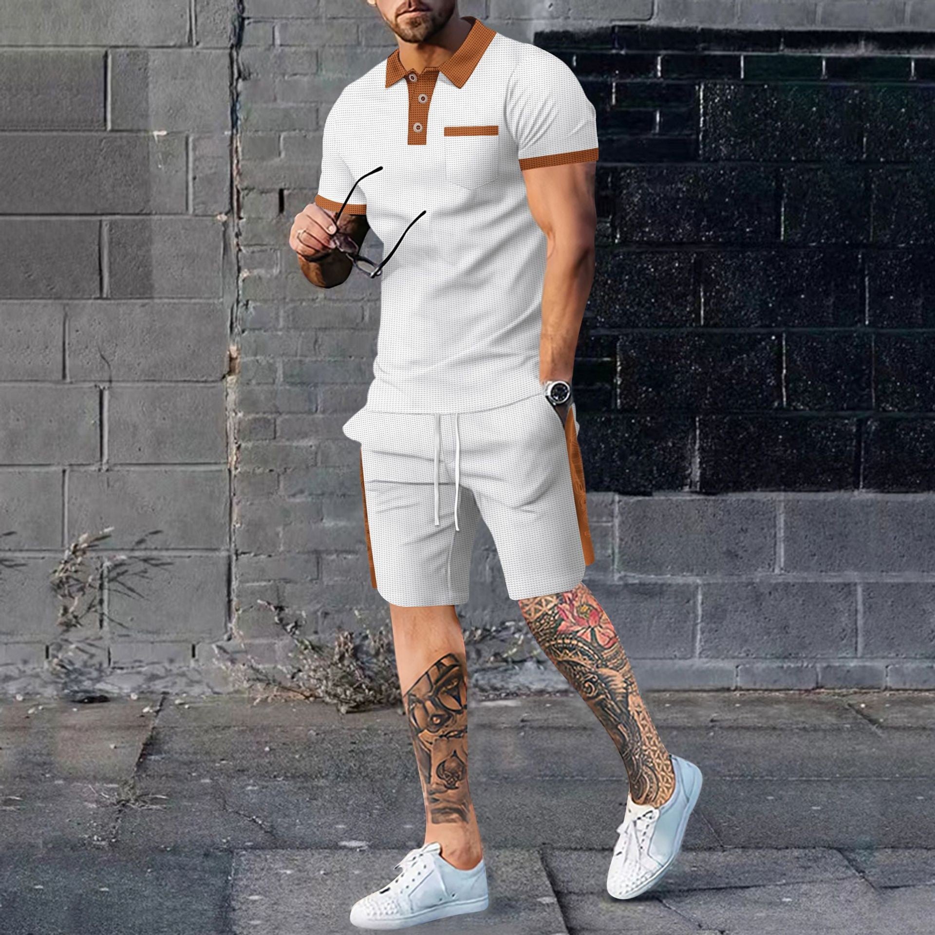 Men's casual suit short-sleeved waffle