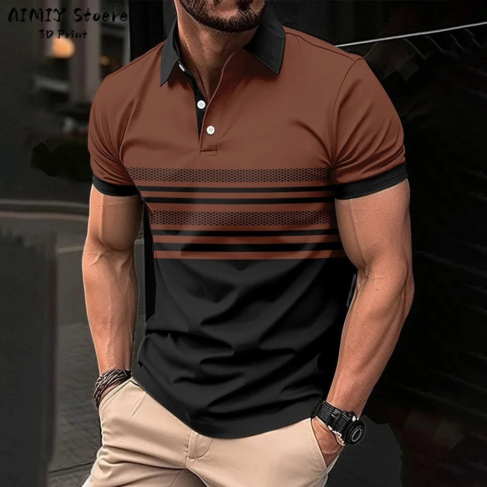Men's Polo Shirt Striped Polo Shirt Casual Men's Top Short Sleeve Lapel Shirt White Base Gray Stripe Versatile Business Wear