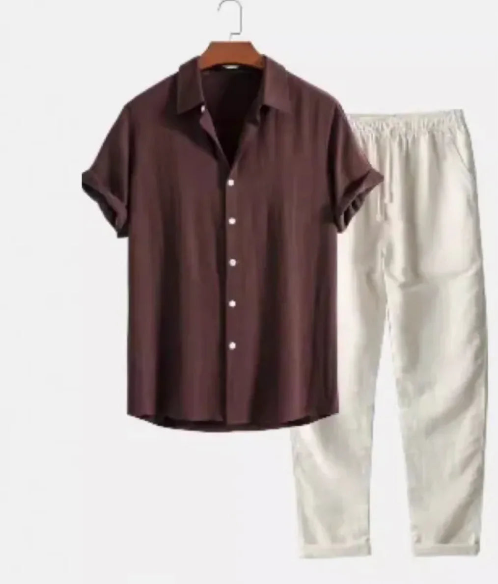 Cotton-Linen Beachwear Short Sleeve Suit