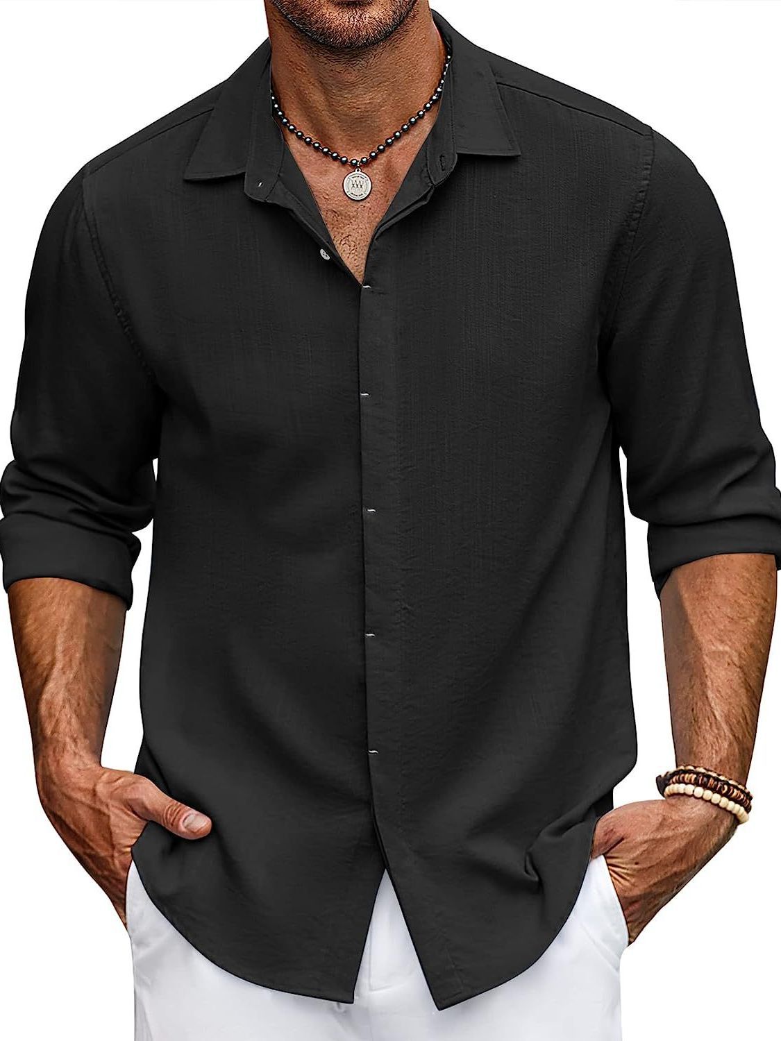 Solid-color collarless shirt