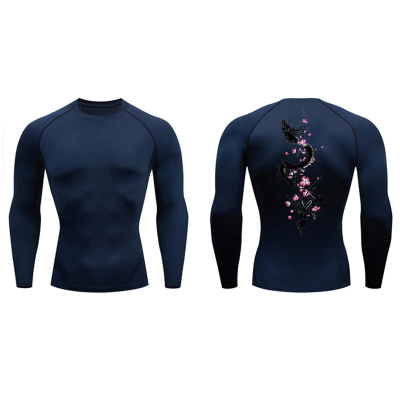 Dragon Blossom Print Compression Shirt for Men Athletic Quick Dry T-shirts Gym Workout Running Tees Long Sleeve Tops Activewear
