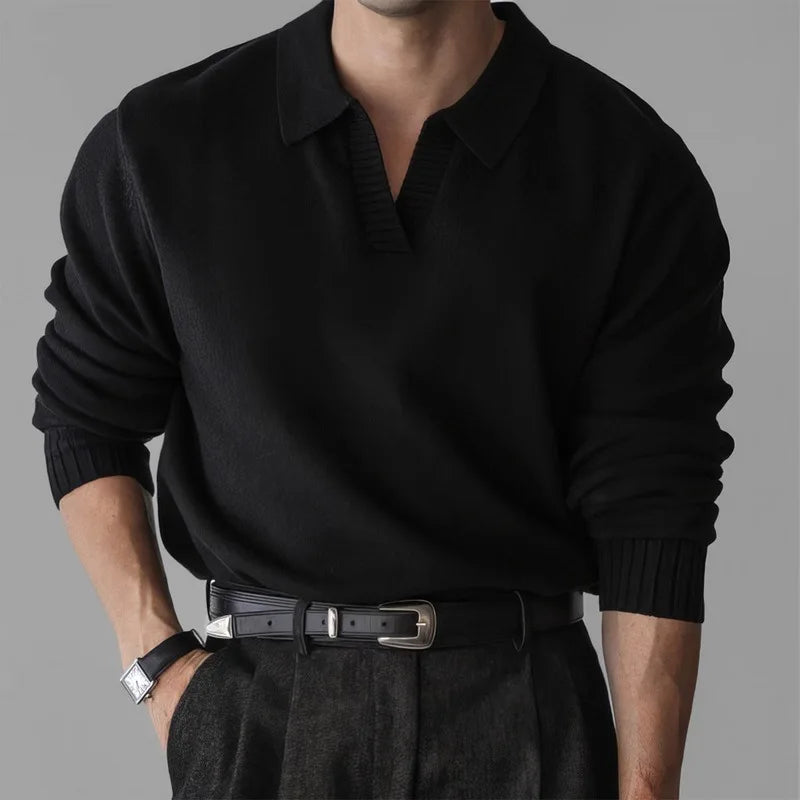 2025 New Oatmeal Color Turn Down Collar Pullover Polo Shirt Men Long Sleeve Regular Shoulder Casual Versatile Sweater Top