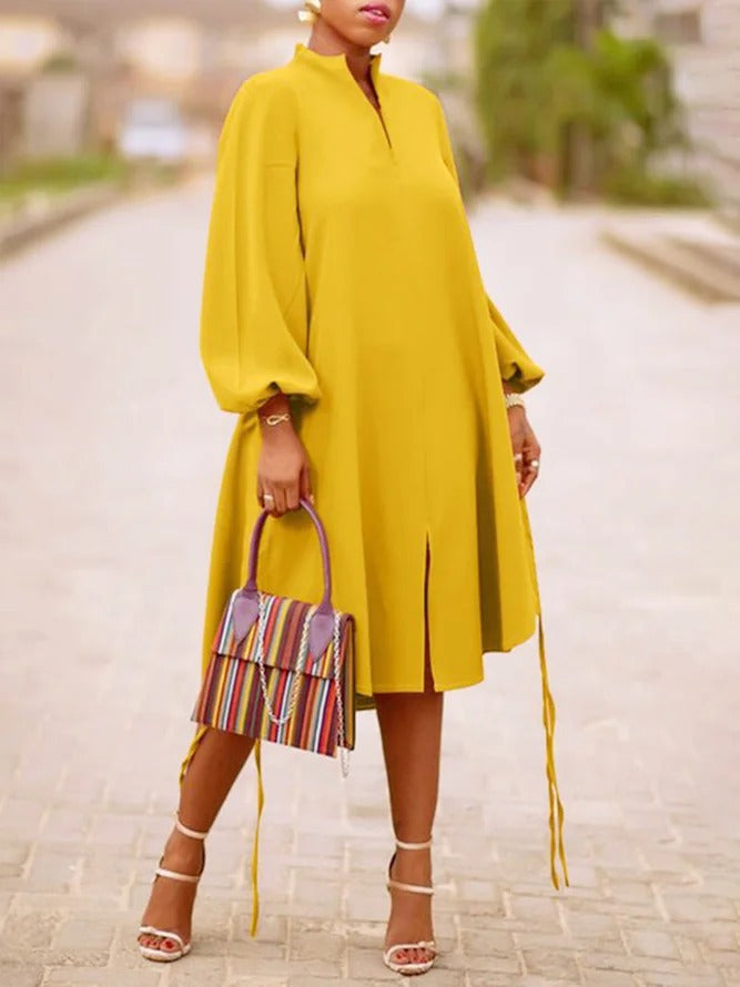 Women's V-neck Long Sleeve Dress with Lantern Sleeves