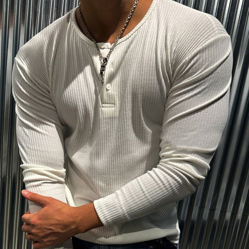 Solid Color Ribbed Polo Shirt Long Sleeve