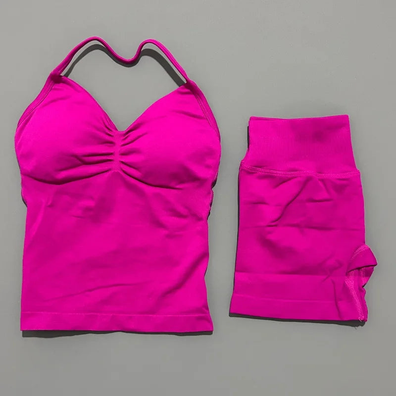 2 Piece Impact Sports Set Women Backless Halter Tops Fitness Tank Top High Waist Seamless High Stretch Shorts Gym Workout Sets