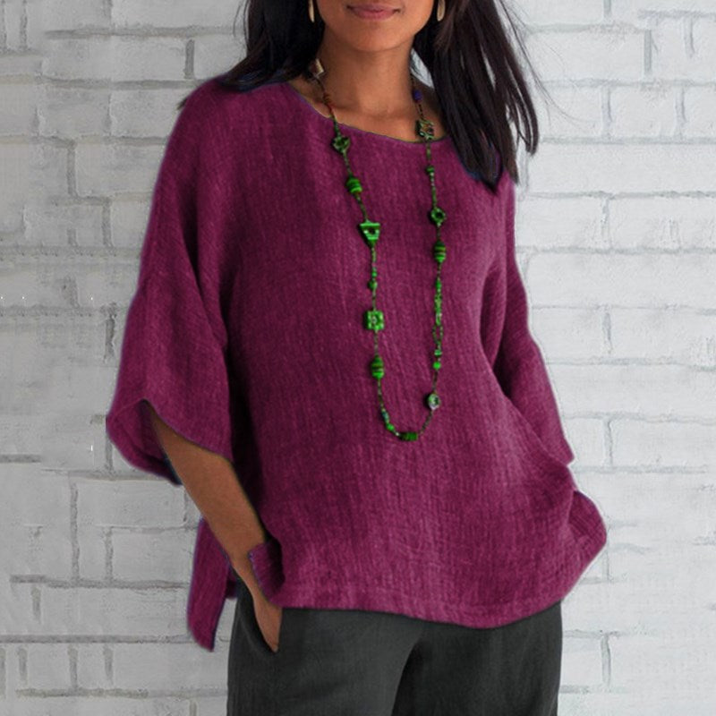 The Women's Three-Quarter Sleeve Round Neck Linen Shirt Top