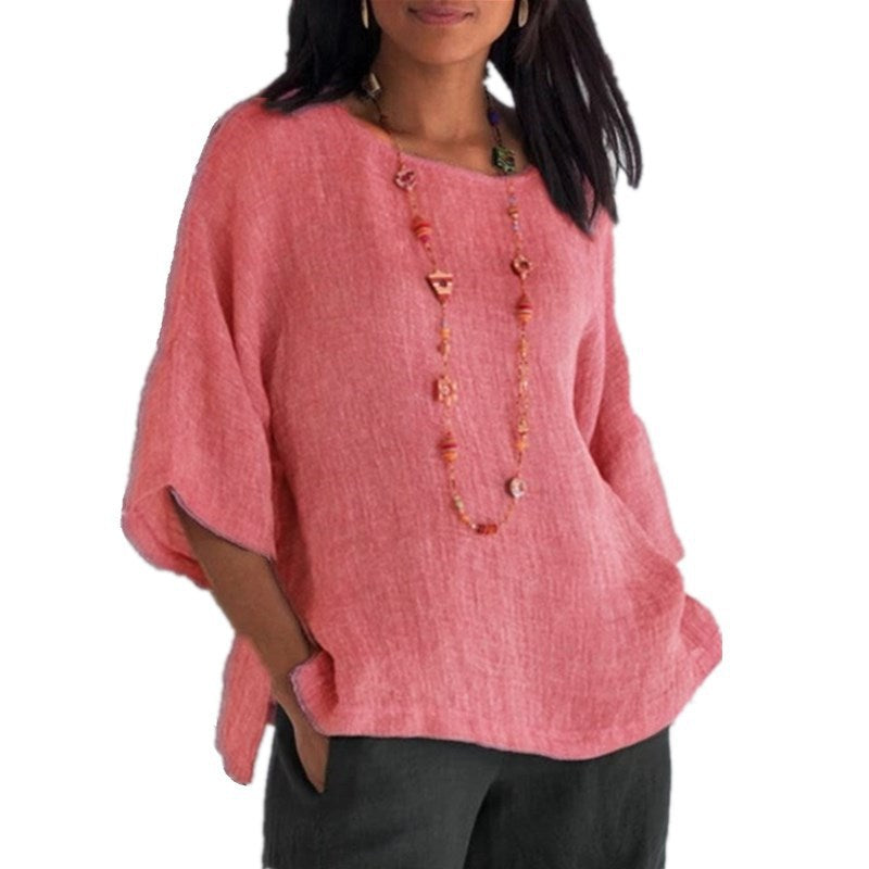 The Women's Three-Quarter Sleeve Round Neck Linen Shirt Top