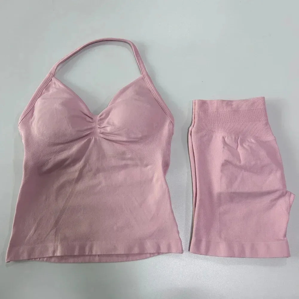 2 Pieces Sport Set Women Backless Tank Tops High Waist Scrunch Seamless Shorts Sport Suit Gym Set Sportswear Workout Set
