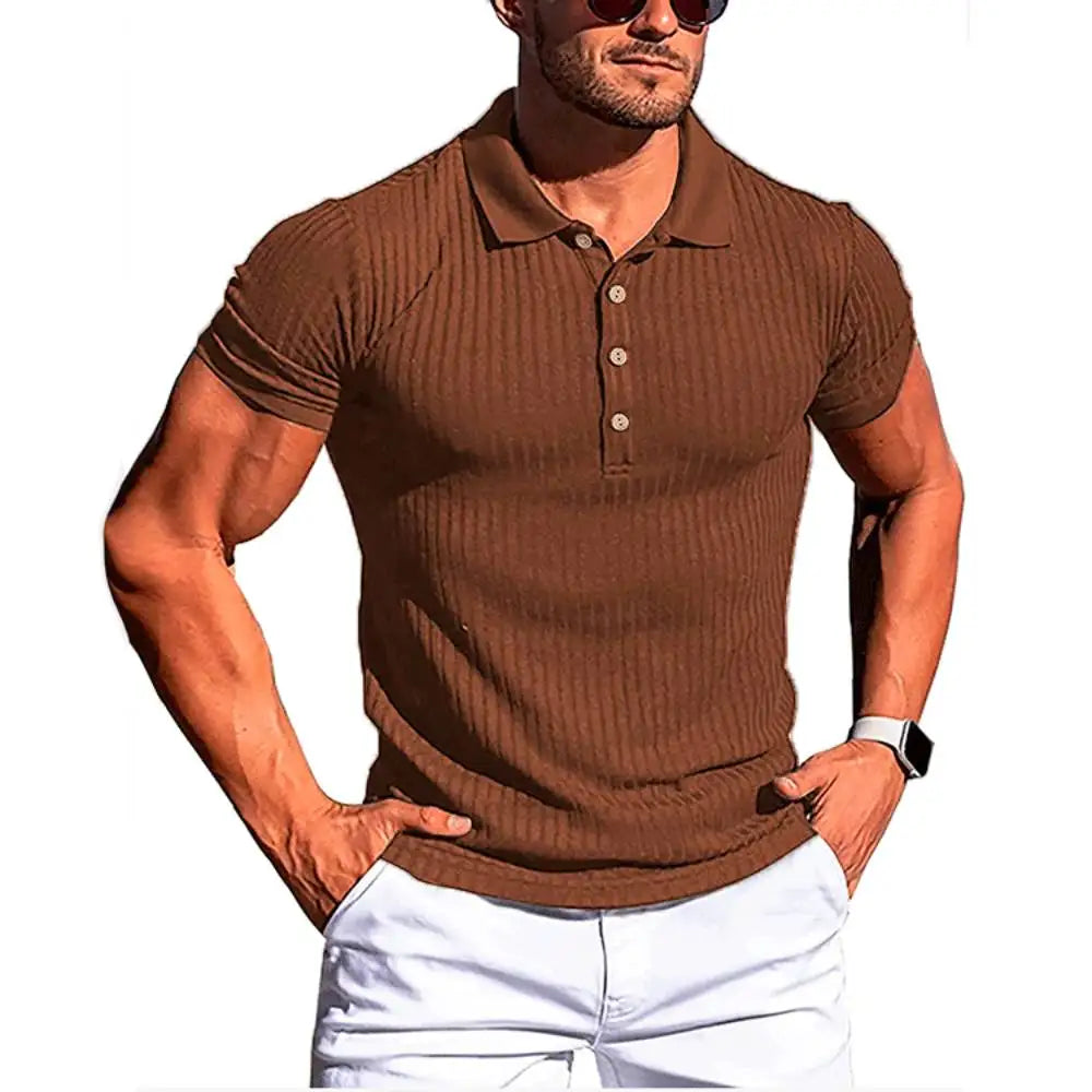 High Stretch Ice Silk Knit Stripe POLO Shirts Mens Slim Short-Sleeve Tops Tee Tshirt Lapel Neck Undershirt