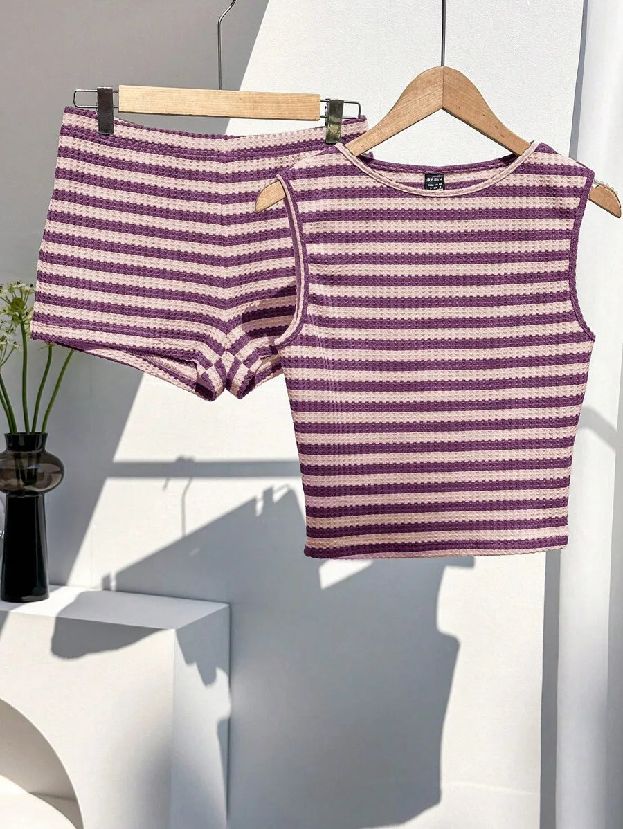 Brown and Cream Striped Cropped Tank Top and Shorts Set, Casual Summer Outfit