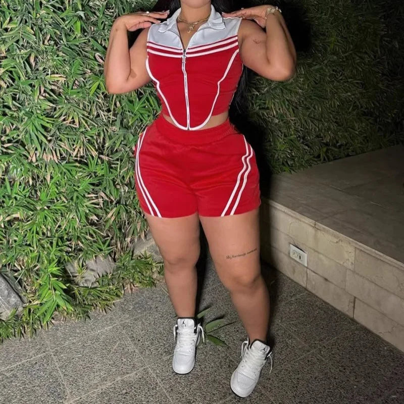 Slergiri Women's Casual Stripe Sleeveless O-Ring Zipper Crop Top with Shorts Elastic Slim Sports Two Piece Set Summer Streetwear