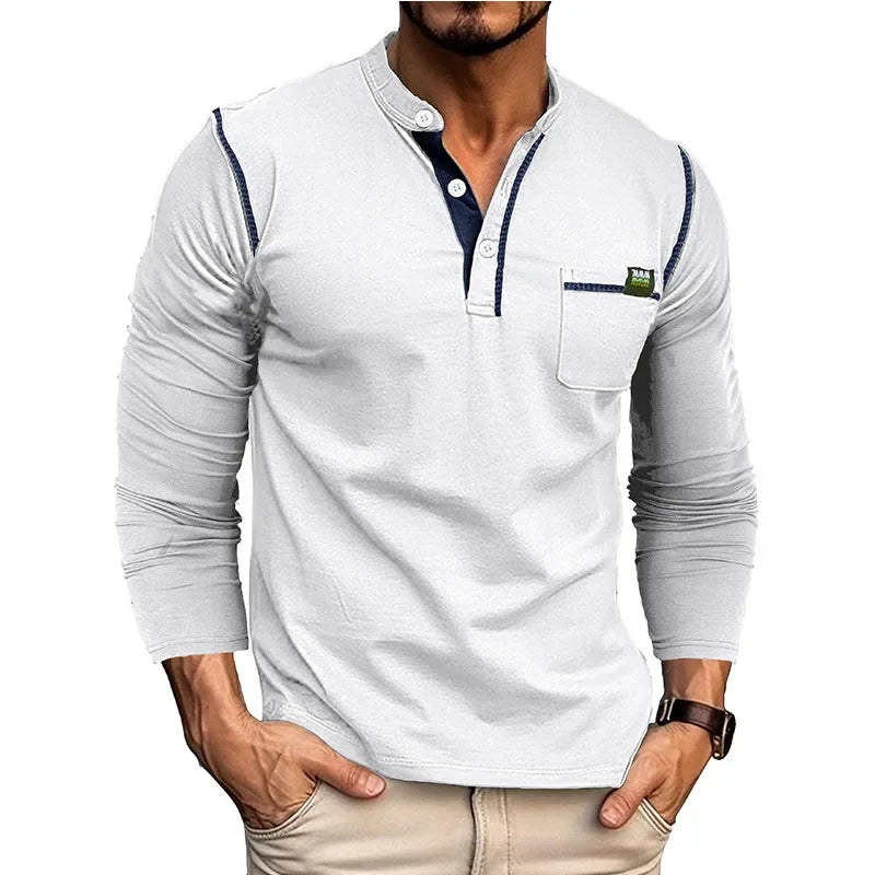 T-shirt Henry Collar Solid Color New Autumn Winter Men's Long-sleeved Casual Fashion Tee Top