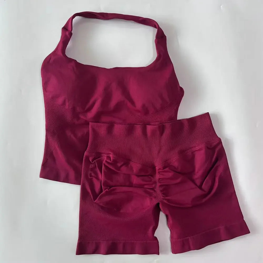 2 Pieces Sport Set Women Backless Tank Tops High Waist Scrunch Seamless Shorts Sport Suit Gym Set Sportswear Workout Set