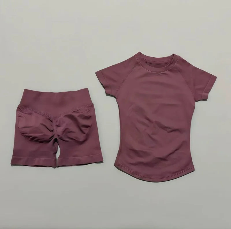 2 Pieces Impact Gym Sets Women Seamless knitted Yoga Short Sleeve Top Fitness Set Workout Running Sports Short Leggings Suit