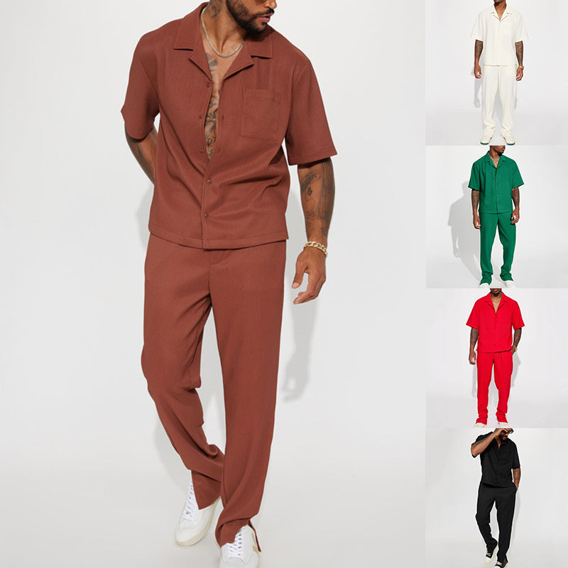 Men's Casual Short Sleeve Lapel Shirt and Long Pants Set