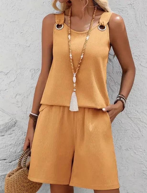Women Casual Fashion Set with Suspender Sleeveless Solid Color Top and Pants Set Comfortable Clothing Summer Shorts Sets Women
