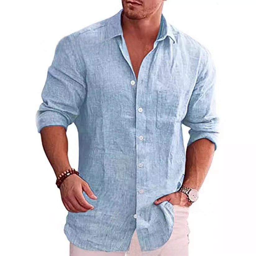 Men's Linen Lapel Long-Sleeved Casual Shirt