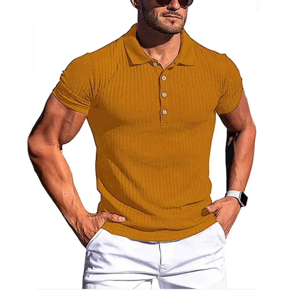 High Stretch Ice Silk Knit Stripe POLO Shirts Mens Slim Short-Sleeve Tops Tee Tshirt Lapel Neck Undershirt