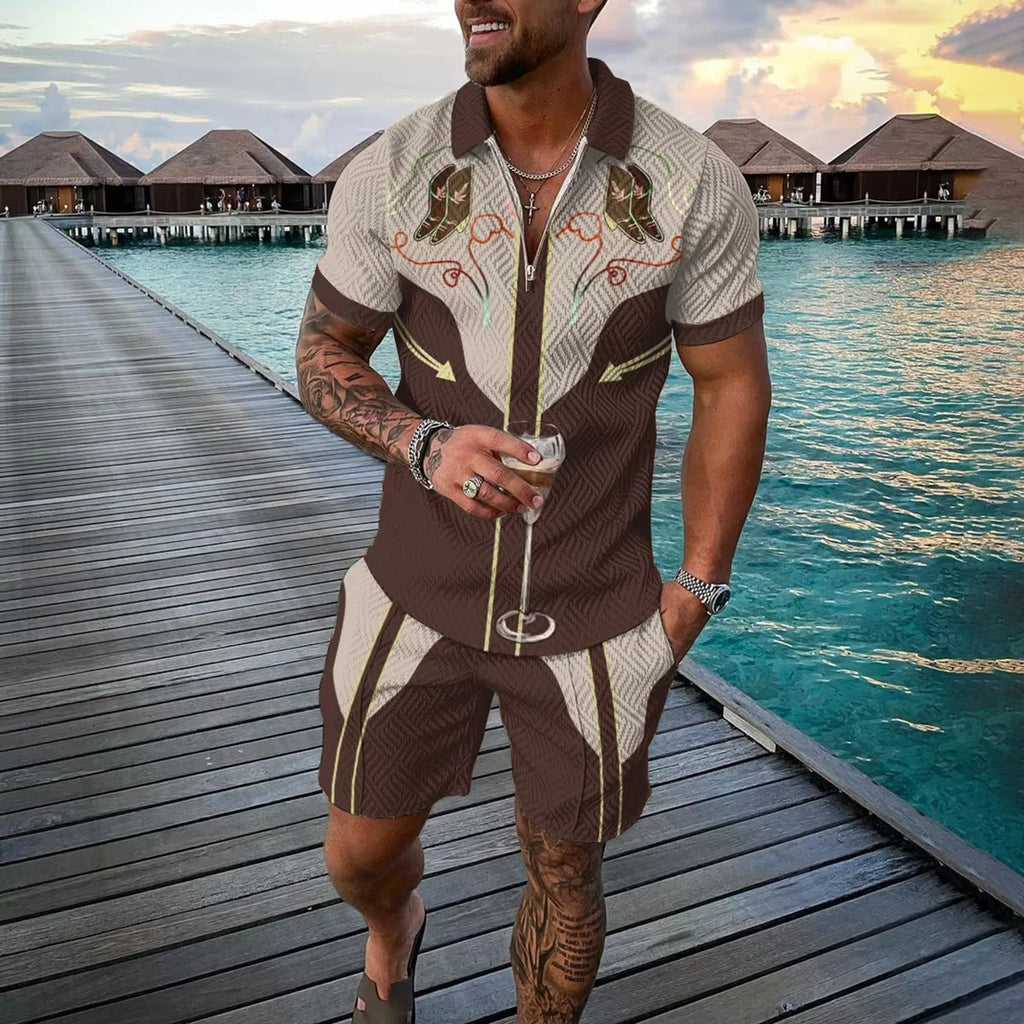 Summer 3D Print Men's Polo Shirt Set