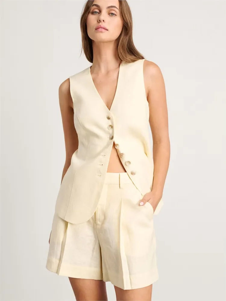 New Summer Women 2 Piece Cotton Linen Shorts Set, Fashion Office Lady Button Tank Vest Top Pocket Shorts Suit, Casual Outfits