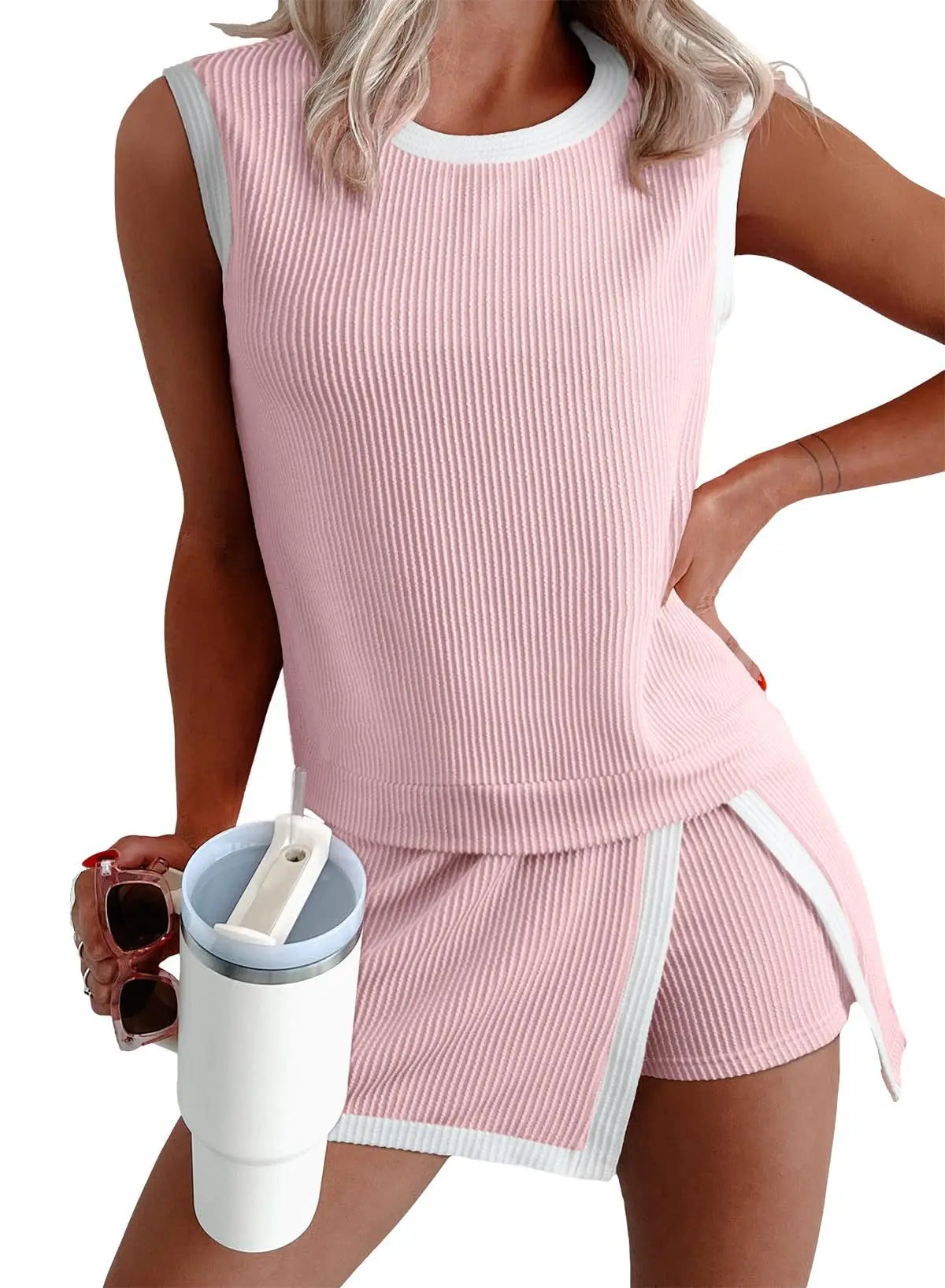 2026 Summer Casual Sports Style Women's Two-piece Fashionable Round Neck Loose Sleeveless Top+high Waisted Patchwork Shorts Set