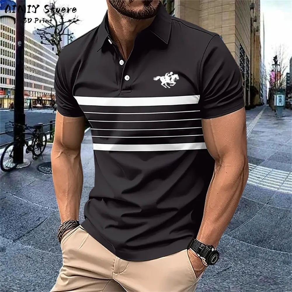 Men's Polo Shirt Striped Polo Shirt Casual Men's Top Short Sleeve Lapel Shirt White Base Gray Stripe Versatile Business Wear