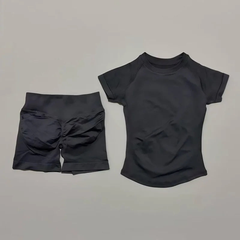 2 Pieces Impact Gym Sets Women Seamless knitted Yoga Short Sleeve Top Fitness Set Workout Running Sports Short Leggings Suit