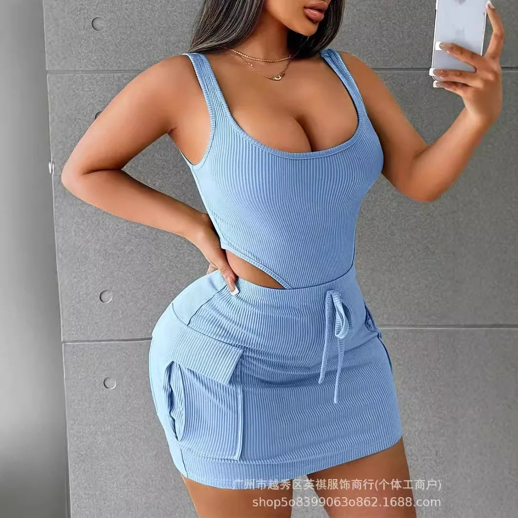 Two Piece Sets Women Skirt Set Shorts U Neck Matching Sets Vests Tops Short Skirts A Line High Waist Casual Hip Wrap Slim Fit