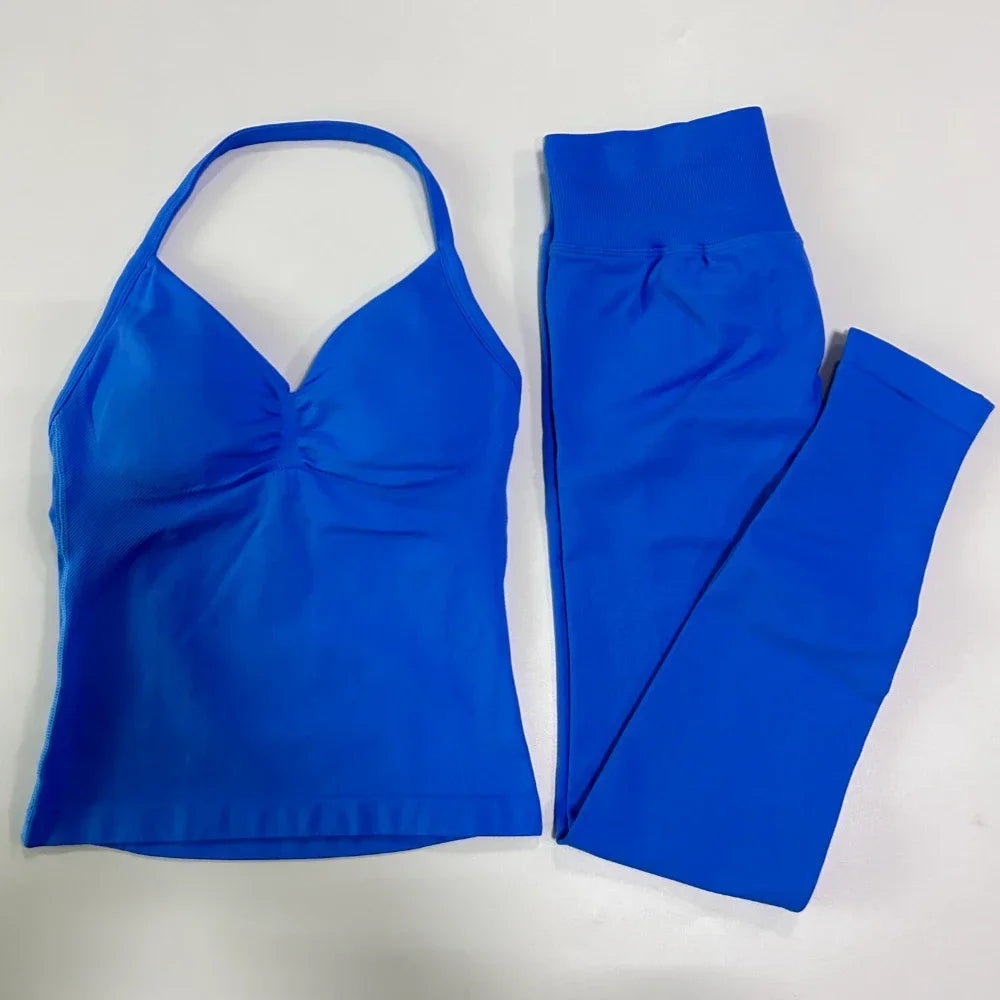 NO LOGO 2 Pieces Leggings Set Women Seamless Yoga Set Backless Tank Tops High Waist Scrunch Suit Fitness Scrunch Gym Sportswear