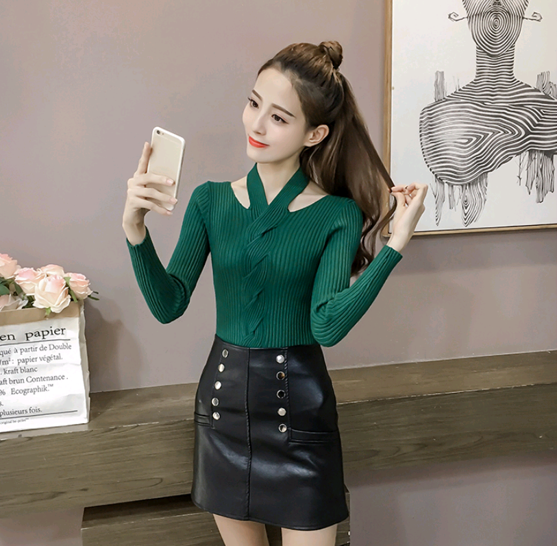 Women's Long Sleeve T-Shirt, Fashionable V-Neck Knit Top