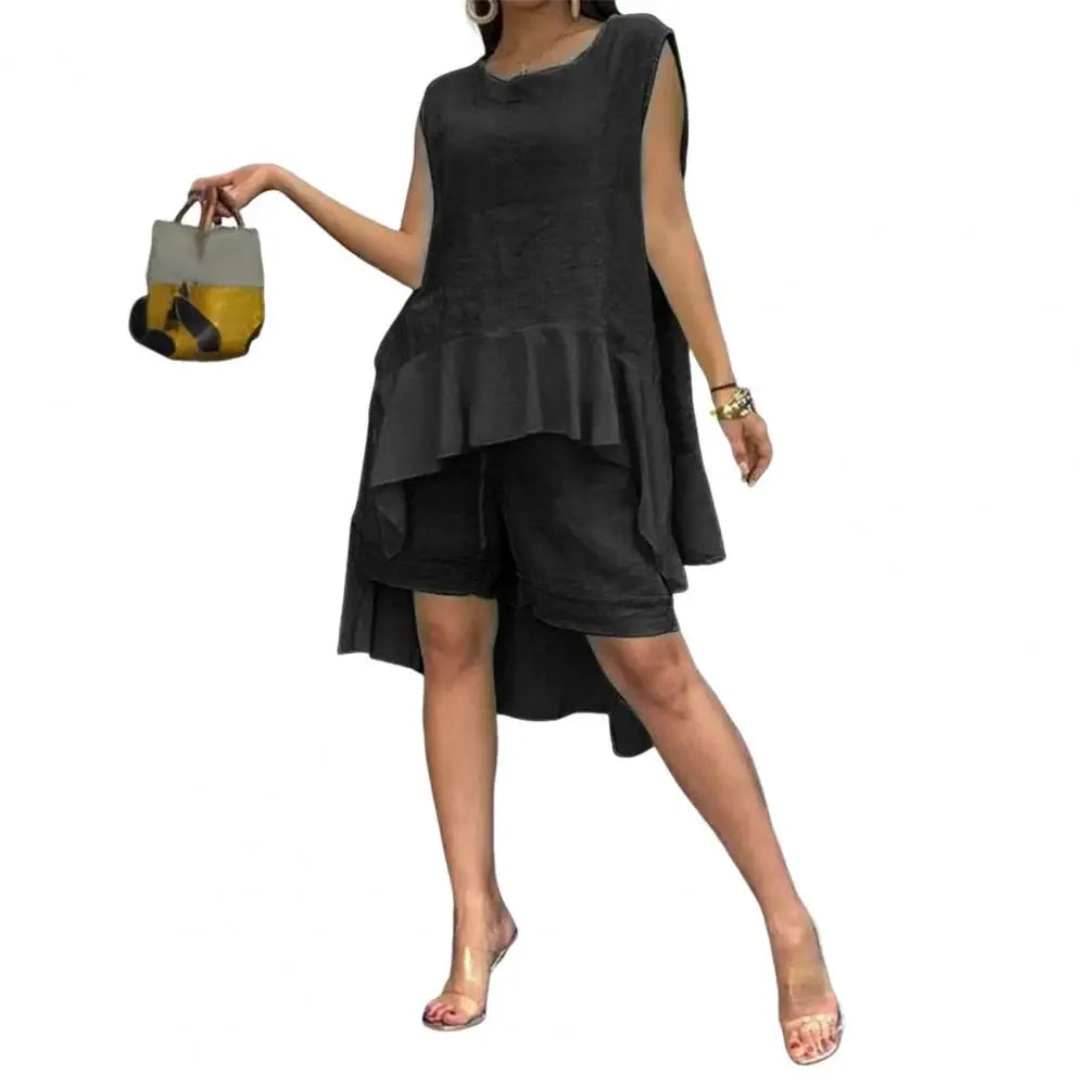 Women's Cotton Linen Two Piece Set Irregular Ruffle Hem Sleeveless Top Drawstring Shorts Summer Casual Outfit Retro Female Wear