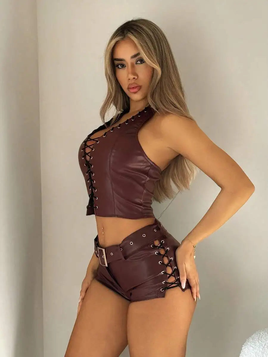 Burgundy Faux Leather Lace-Up Crop Top & High Waist Shorts 2 Piece Set for Night Out