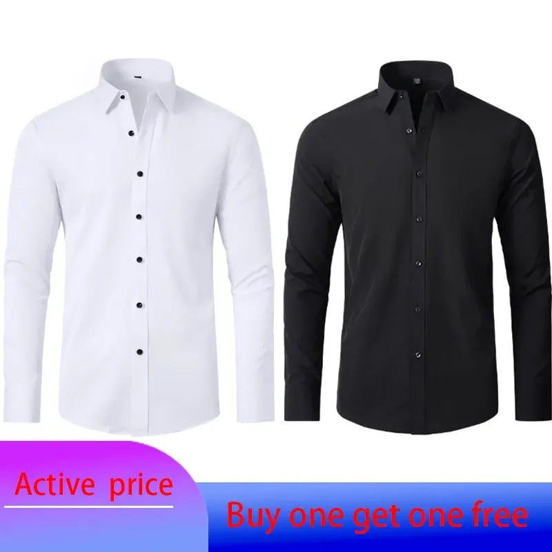 6xl New summer black men's shirt elastic force non-iron long-sleeved business casual shirt solid color mercerized vertical
