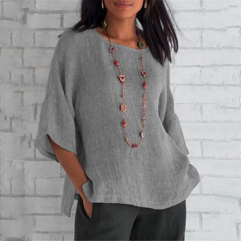 The Women's Three-Quarter Sleeve Round Neck Linen Shirt Top