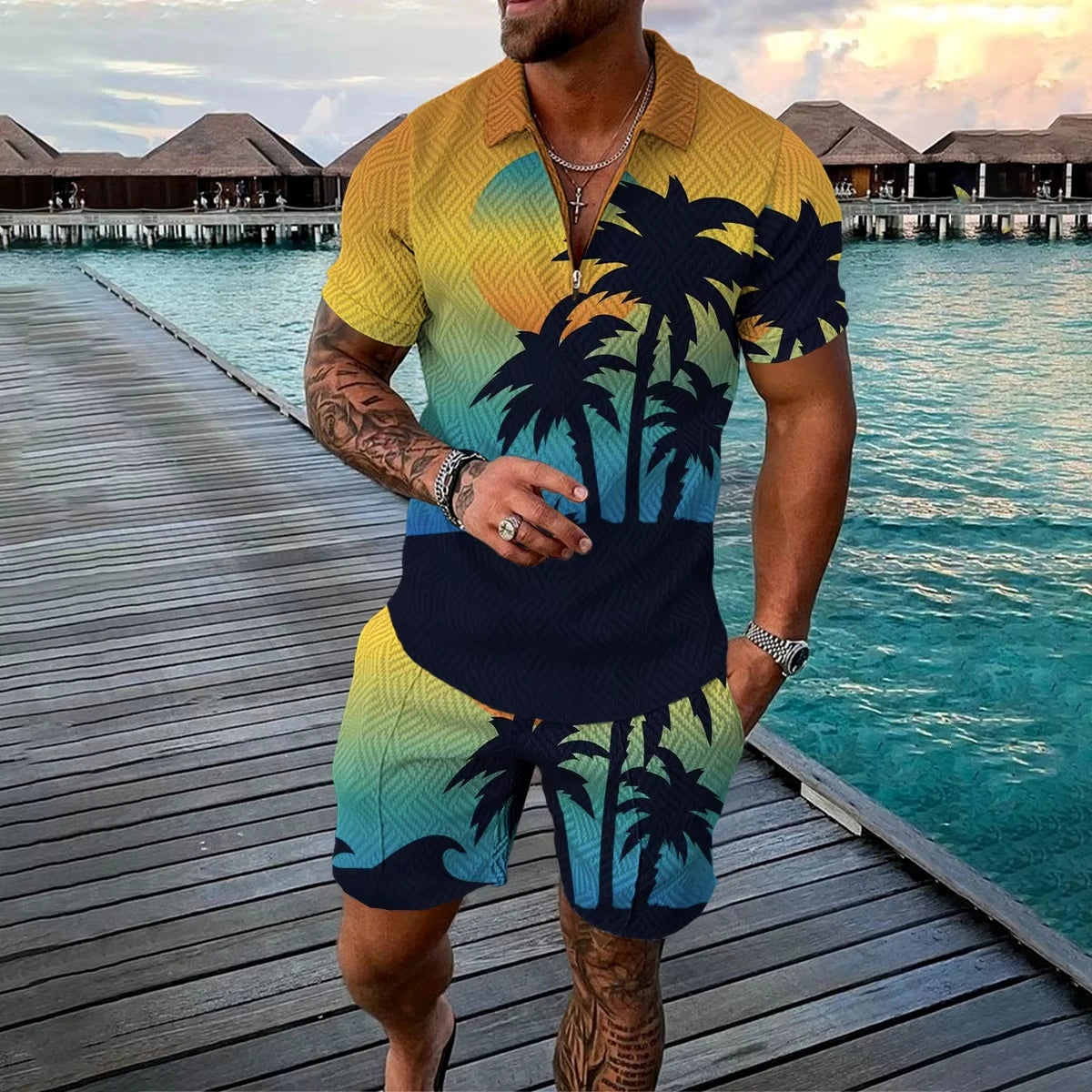 Summer 3D Print Men's Polo Shirt Set