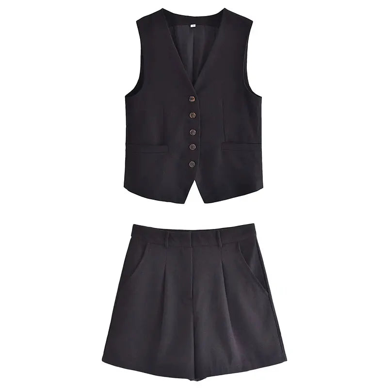 HH Fashion Vintage Sets For Women 2 Pieces Solid Linen V Neck Waistcoat Single Breasted Loose Vest Top Chic Casual Short Y2k