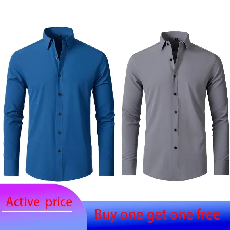 6xl New summer black men's shirt elastic force non-iron long-sleeved business casual shirt solid color mercerized vertical
