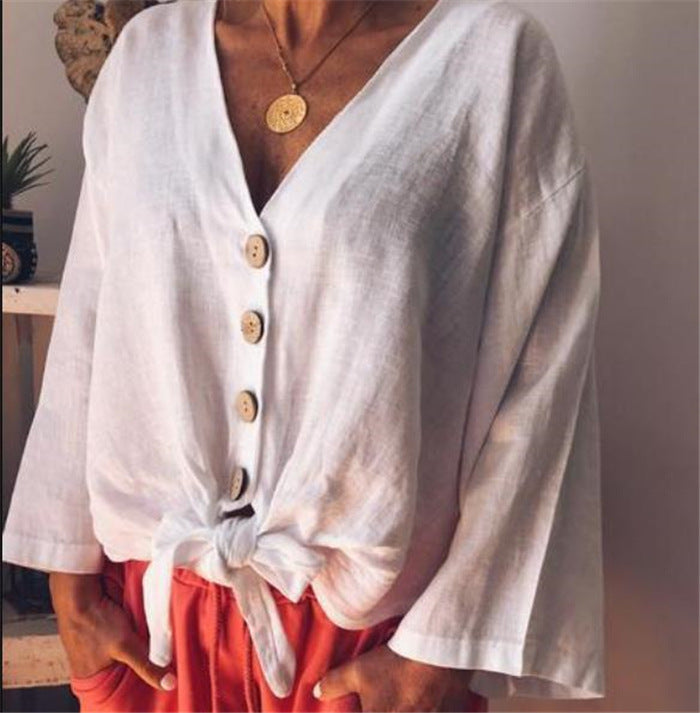 Loose Solid Color Long Sleeve V-Neck Button Shirt