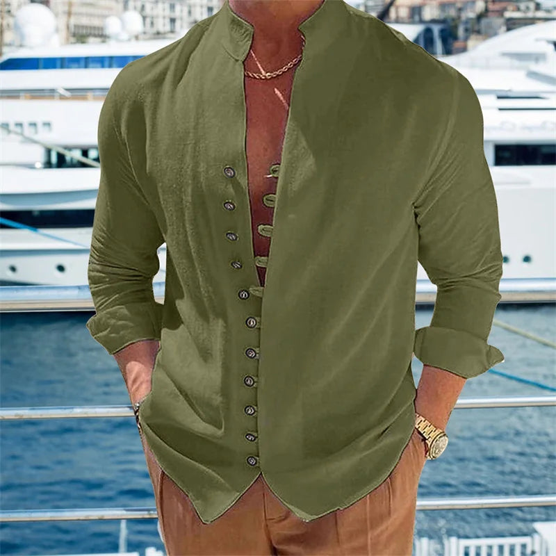 Men'S New Cotton and Linen Pocket Retro Stand-Up Collar Shirt