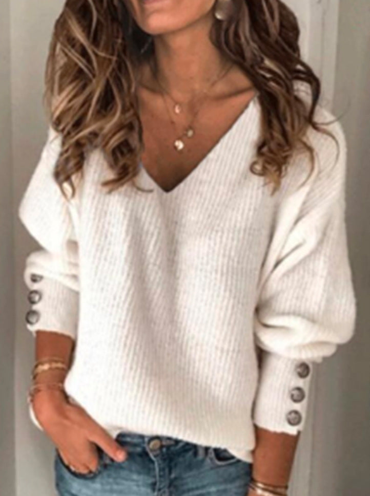 Fashionable Women's Solid Color Knit V-Neck Long Sleeve T-Shirt