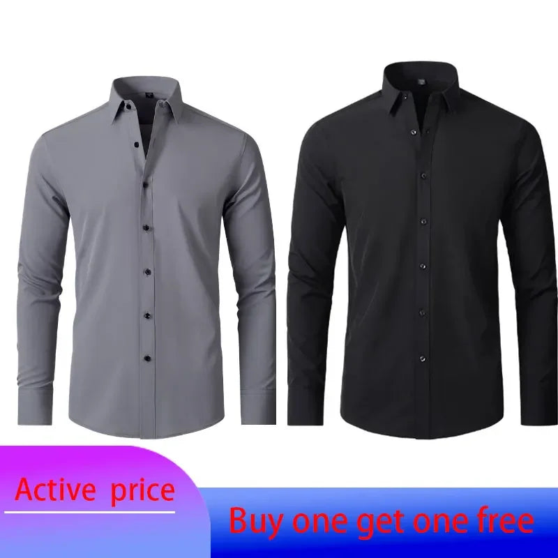 6xl New summer black men's shirt elastic force non-iron long-sleeved business casual shirt solid color mercerized vertical